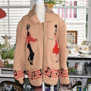 Vintage 1950s Cowichan Style Wool Sweater Dancing Couple Music Notes Large